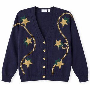 Vintage Maggie Lawrence Navy Knit Gold Star Rope Holiday Cotton Cardigan 26